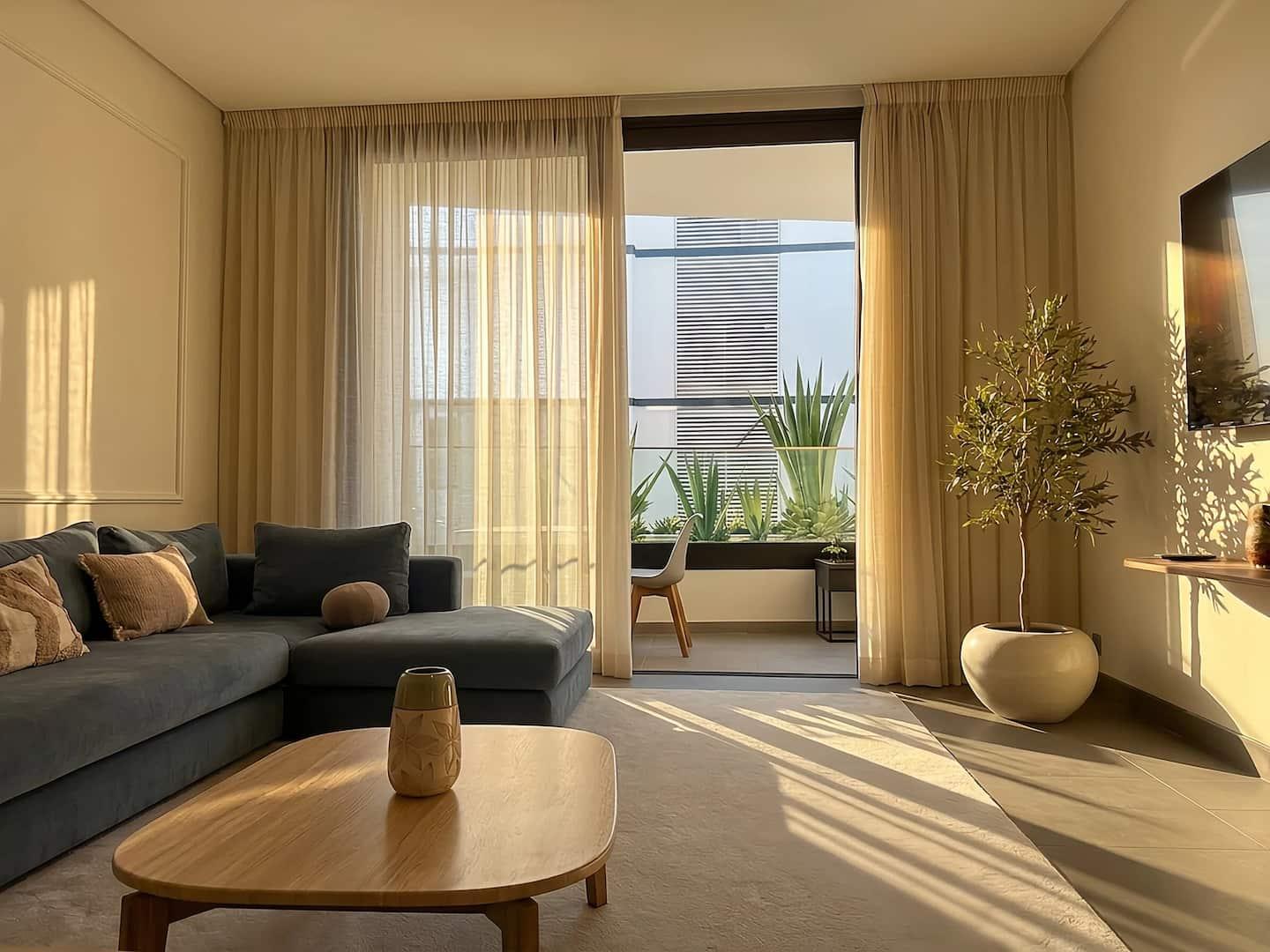 Salon baigné de lumière dorée avec olivier — conciergerie Airbnb Casablanca