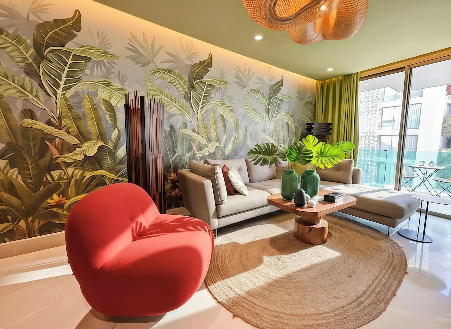 Salon avec fresque végétale et fauteuil rouge sculptural — Maya Suites Casablanca