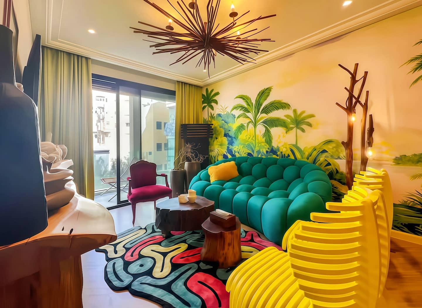 Salon design coloré avec pièces signature — conciergerie Casablanca