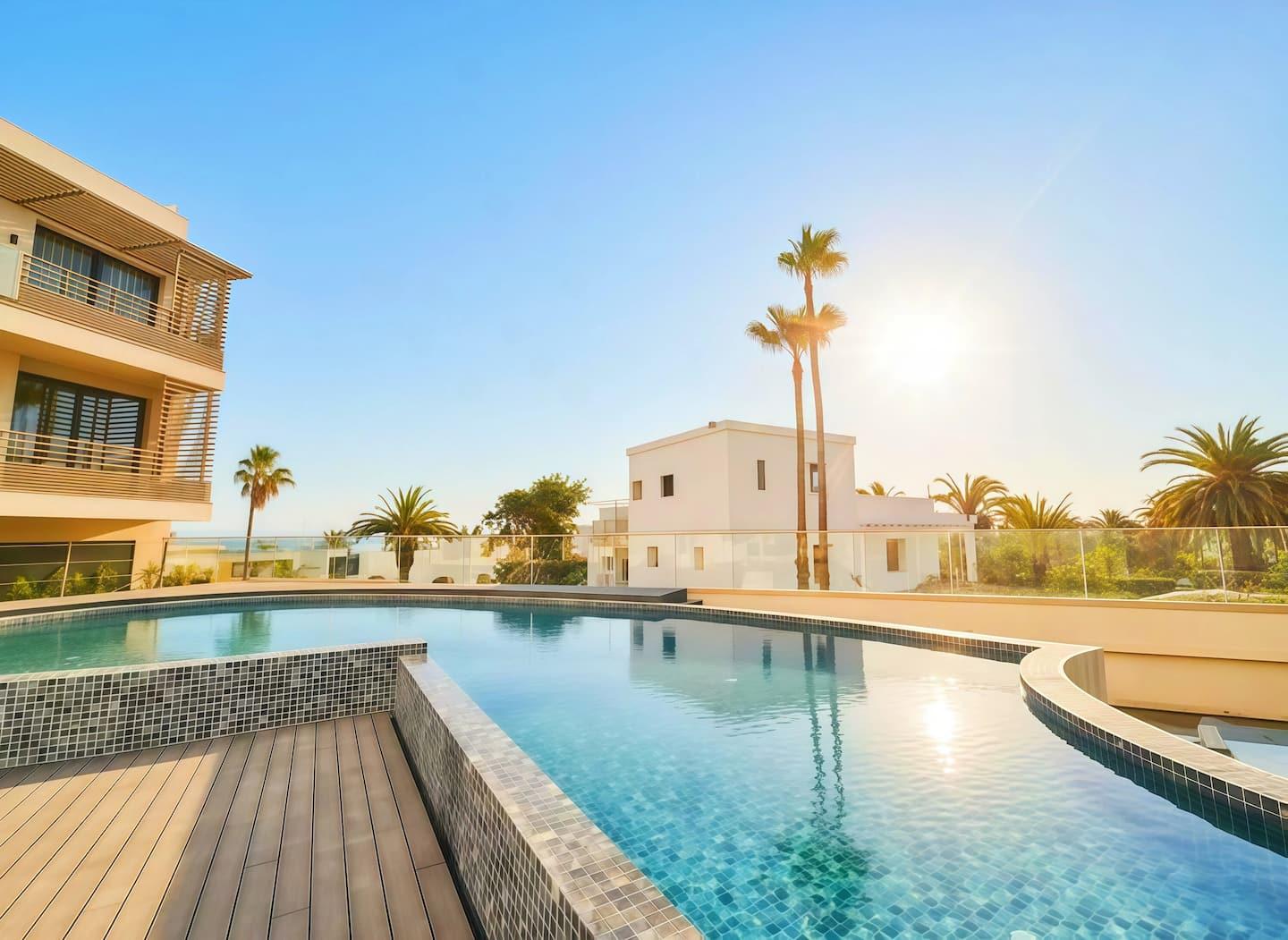 Piscine et palmiers à contre-jour — appartement avec piscine Casablanca